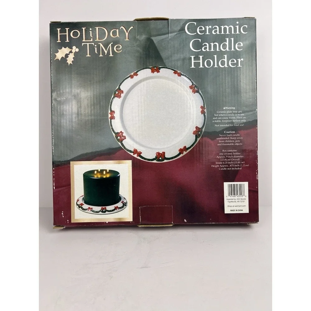Ceramic Christmas Wreath Pillar Candle Holder‎ Holiday Time Red Green White
